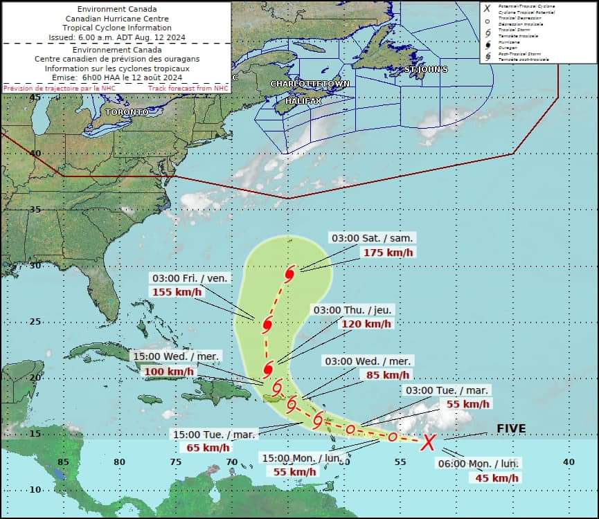 The 5th Tropical Storm in the Atlantic will be Ernesto, forecast to reach Tropical Storm strength pm-Tuesday, Aug 13th