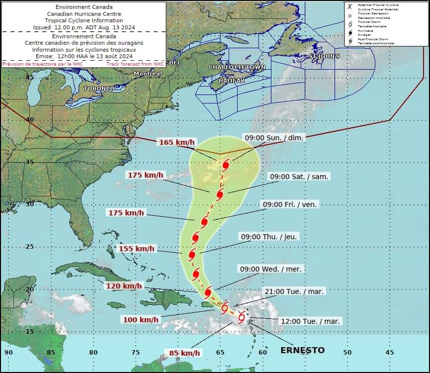 Tropical Storm Ernesto is forecast to become the 3rd Hurricane by am-Wednesday, Aug 14th as it turns northerly