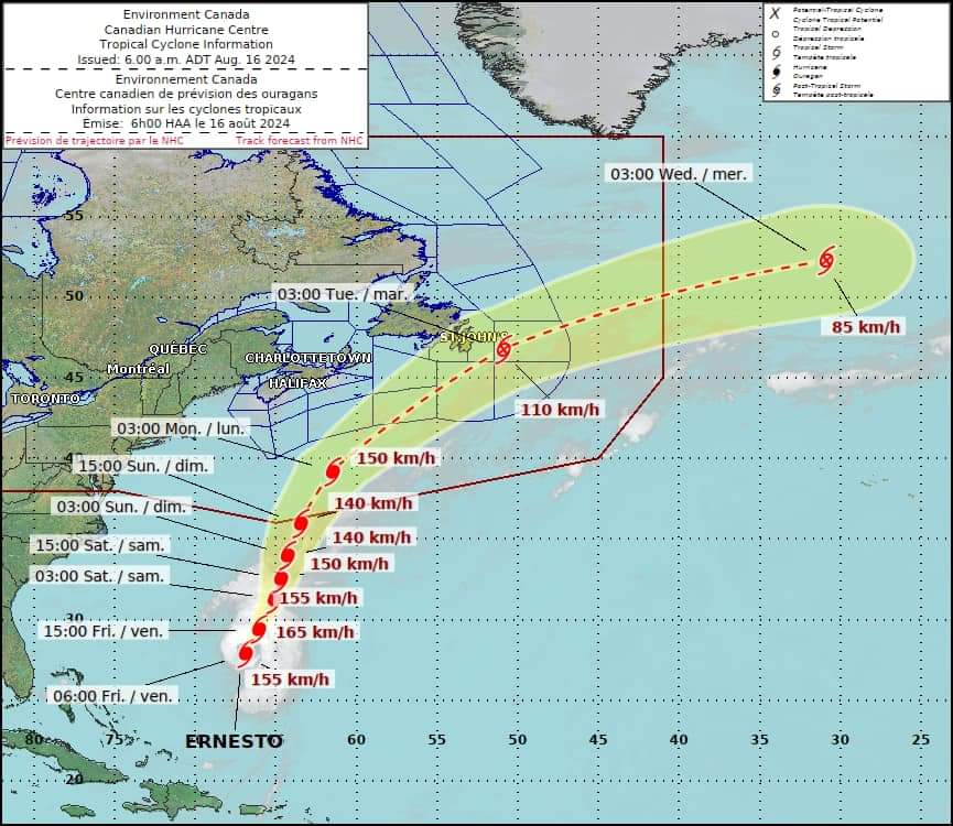 Hurricane Ernesto is a Category 2 Hurricane, and forecast to diminish in strength to a Category 1 Hurricane by am-Sunday