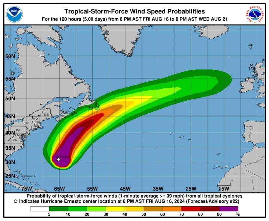 Hurricane Ernesto is a Category 1 Hurricane, and forecast to enter into the Canadian Hurricane Centre Response Zone pm-Sunday, Aug 18th, and track southeast of Nova Scotia