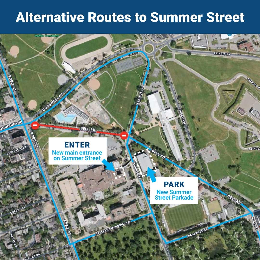 Starting August 26, the main entrance to the QEII Halifax Infirmary will be at 1796 Summer St., across from the Summer Street Parkade (1797 Summer St.)
