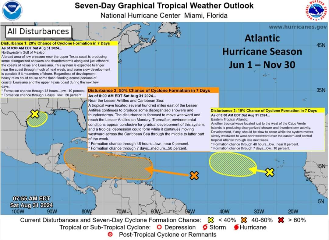 Potential for Atlantic Tropical Cyclone formation in the next 7-days (West to East)