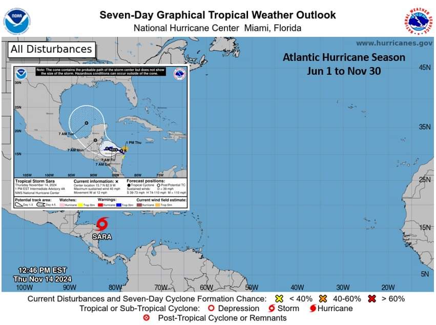 Tropical Depression Nineteen strengthens to Tropical Storm Sara, becoming the 18th named Storm of the 2024 Atlantic Hurricane Season