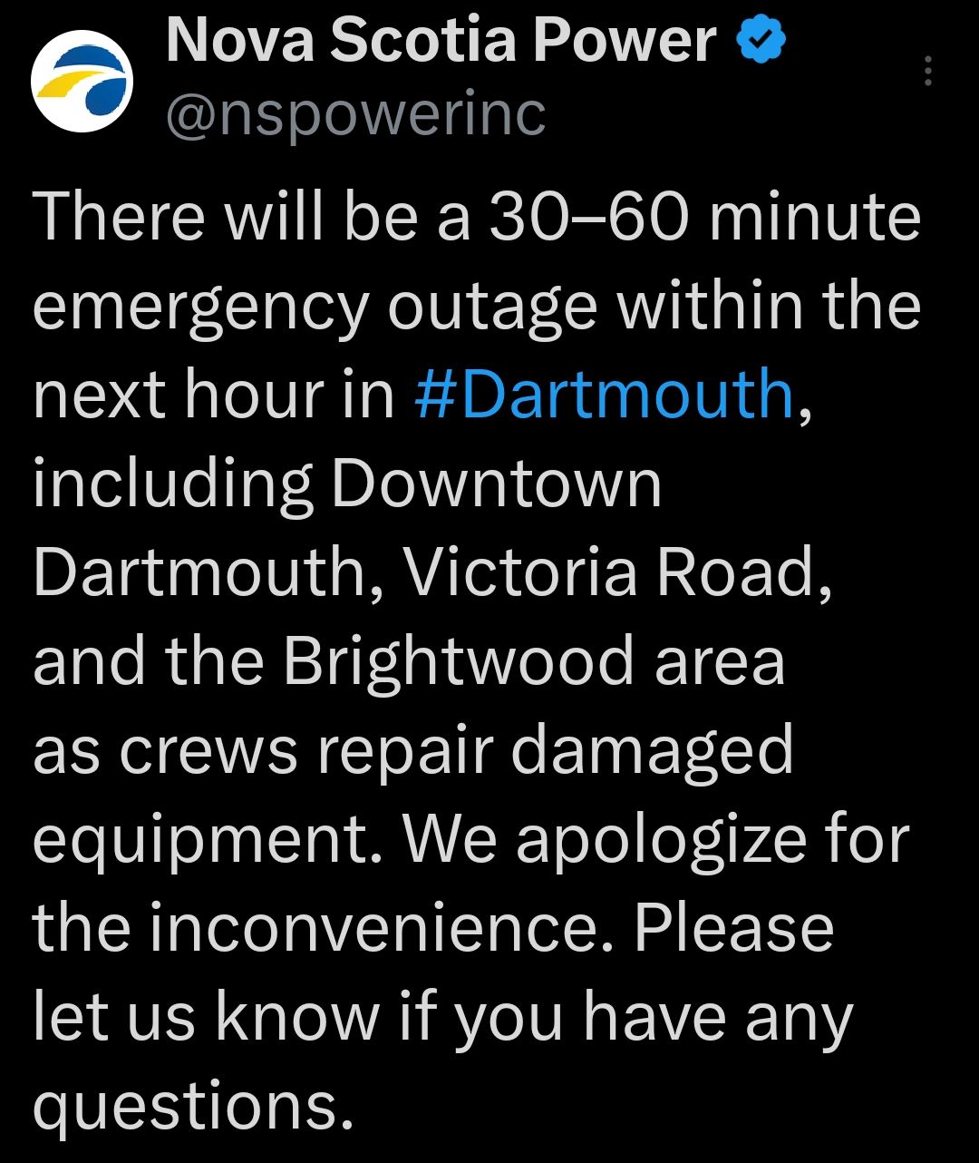 Emergency power outage in Dartmouth