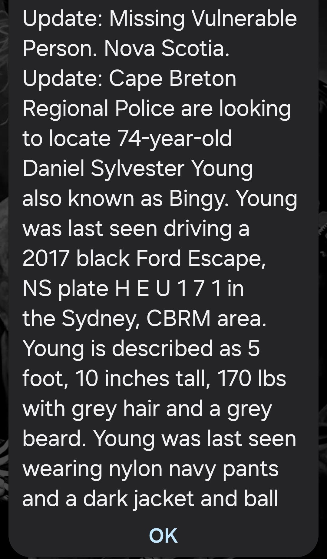 (Update) A widespread alert has been issued in regards to a missing man