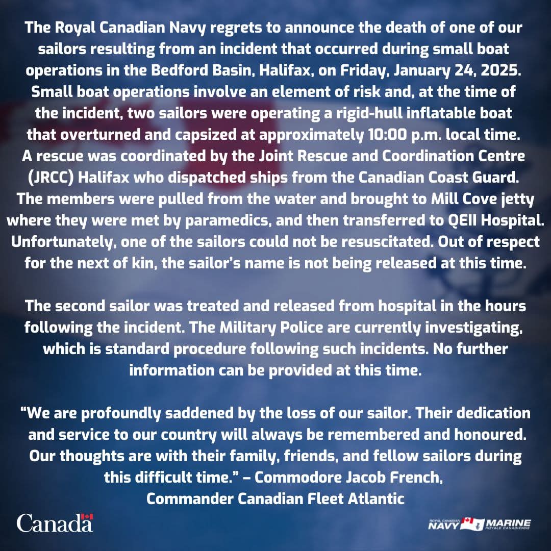 The Royal Canadian Navy regrets to announce the death of one of our sailors