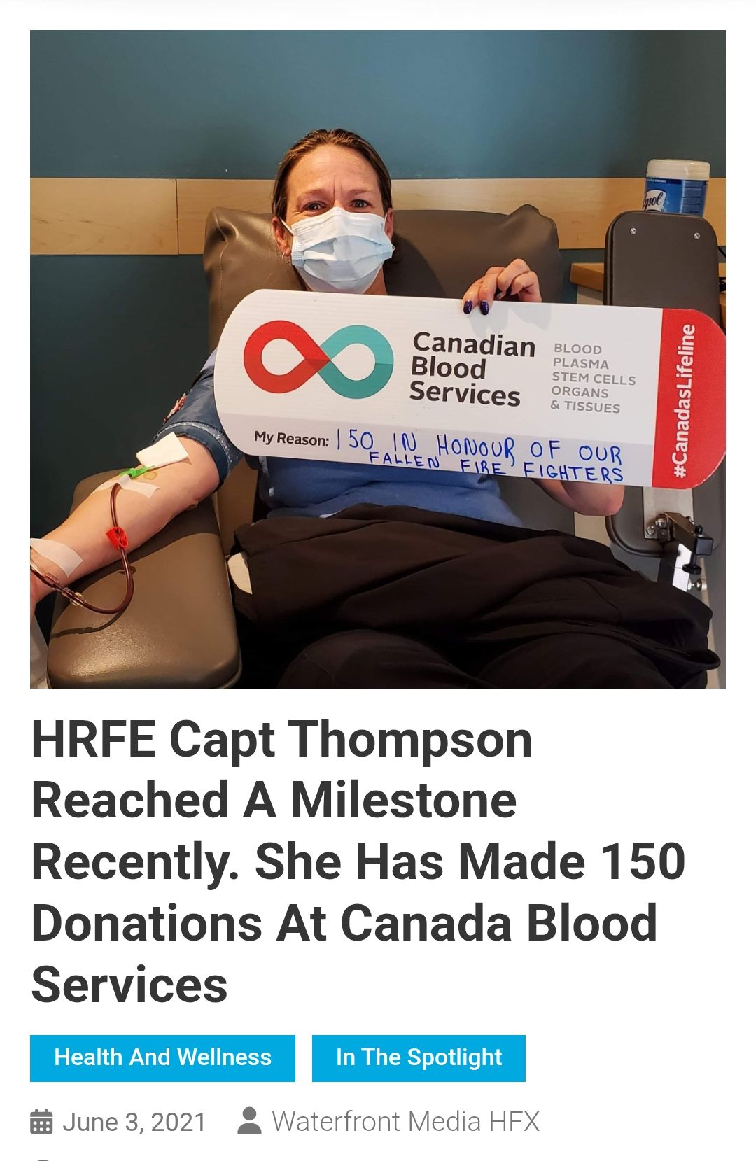 HRFE Capt Thompson reaches 231 donations at Canadian Blood Services