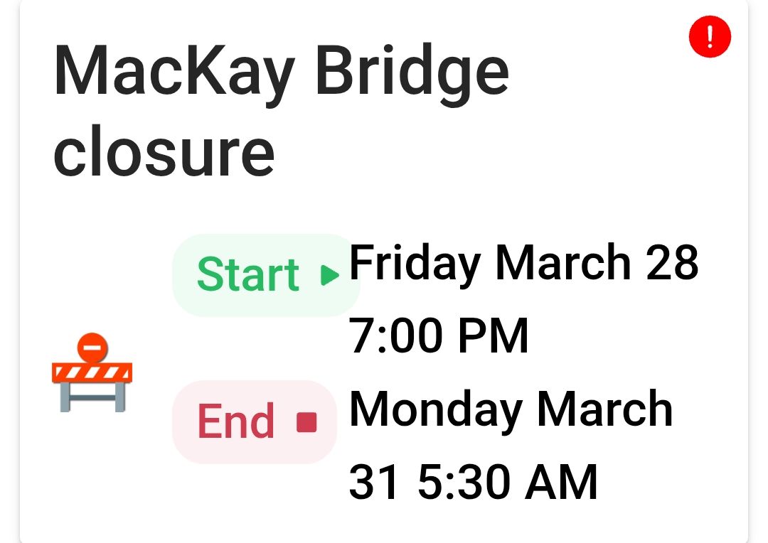 Upcoming MacKay Bridge closure
