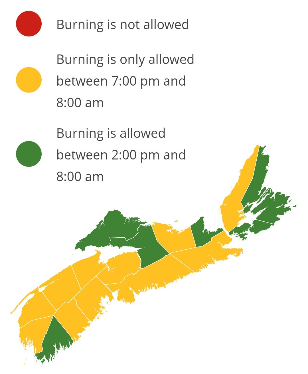 Burning restrictions are updated at 2:00 pm daily. Burning is not allowed between 8:00 am and 2:00 pm.