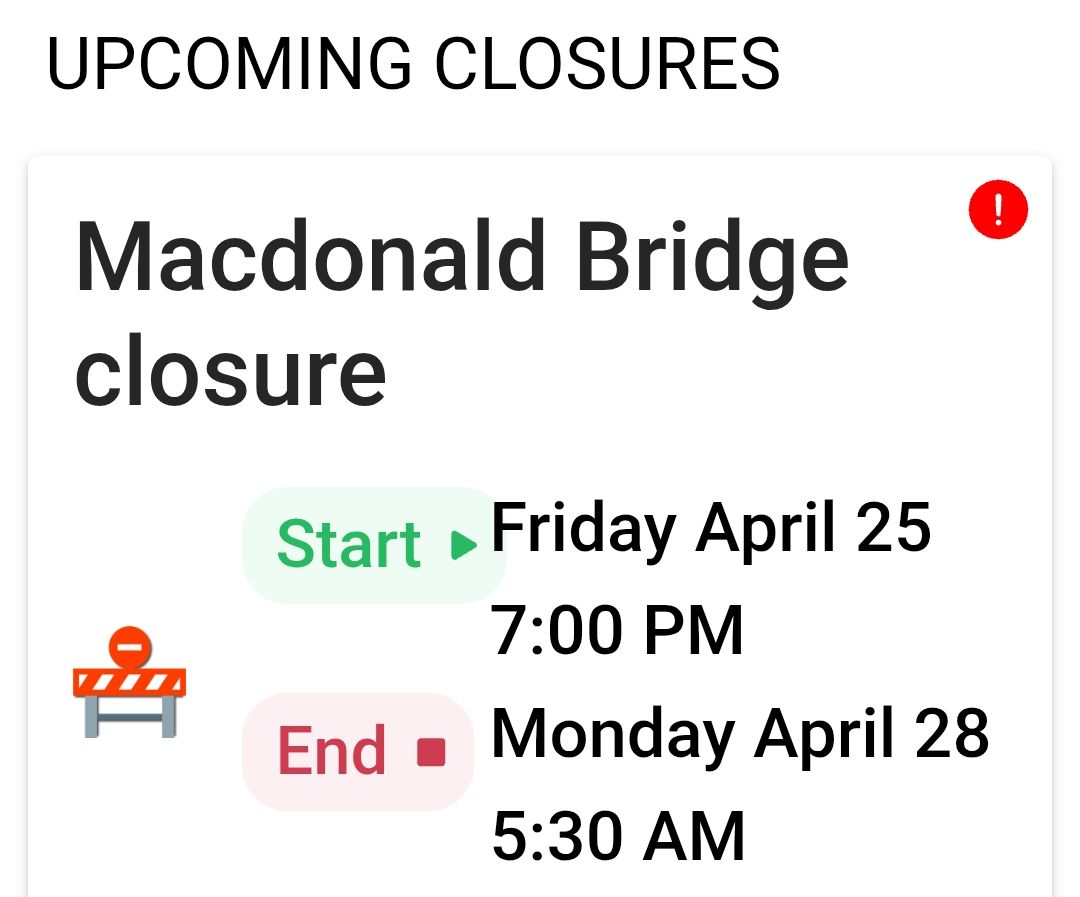 Upcoming Bridge closure via HHB