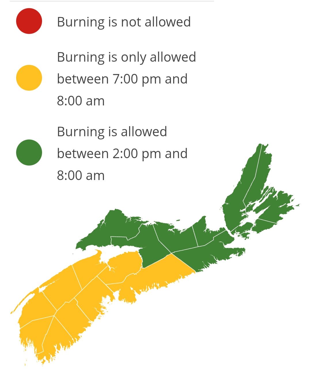Burning restrictions are updated at 2:00 pm daily. Burning is not allowed between 8:00 am and 2:00 pm.
