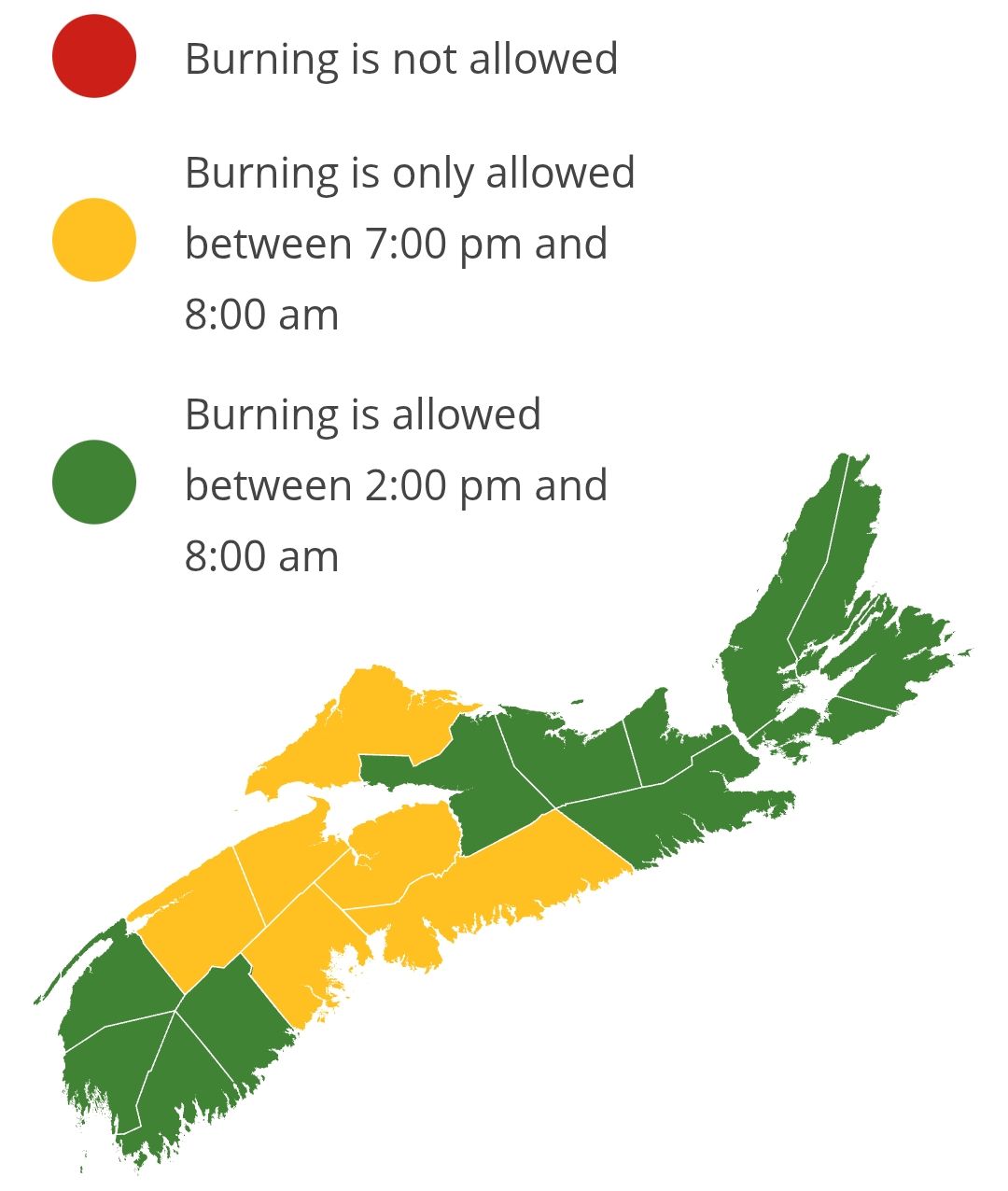 Burning restrictions are updated at 2:00 pm daily. Burning is not allowed between 8:00 am and 2:00 pm.