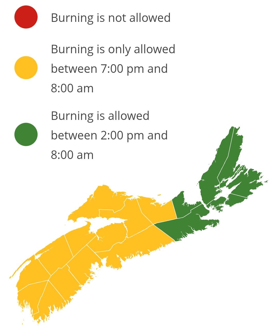 Burning restrictions are updated at 2:00 pm daily. Burning is not allowed between 8:00 am and 2:00 pm.
