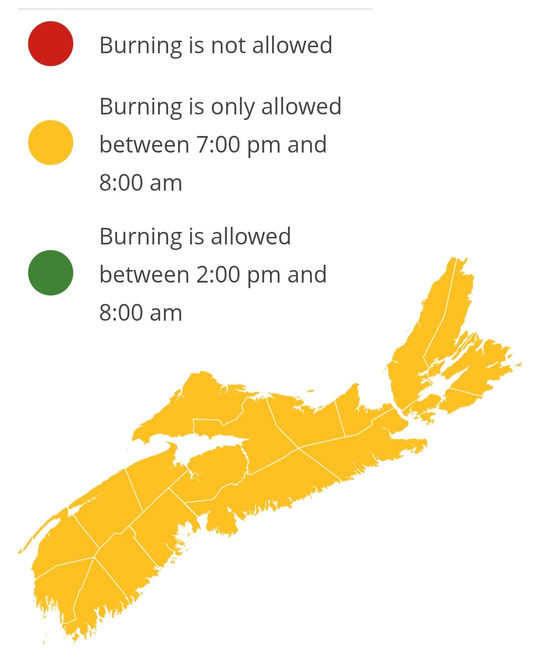 Burning restrictions are updated at 2:00 pm daily. Burning is not allowed between 8:00 am and 2:00 pm.