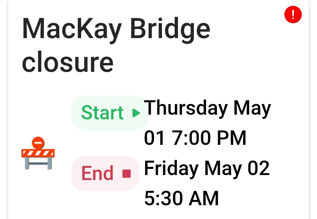 Upcoming MacKay Bridge closure via HHB
