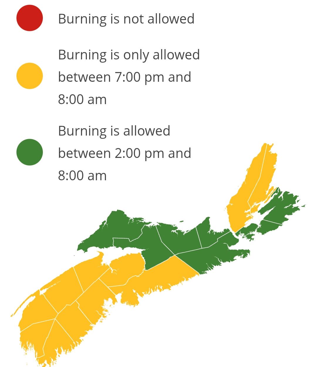 Burning restrictions are updated at 2:00 pm daily. Burning is not allowed between 8:00 am and 2:00 pm.