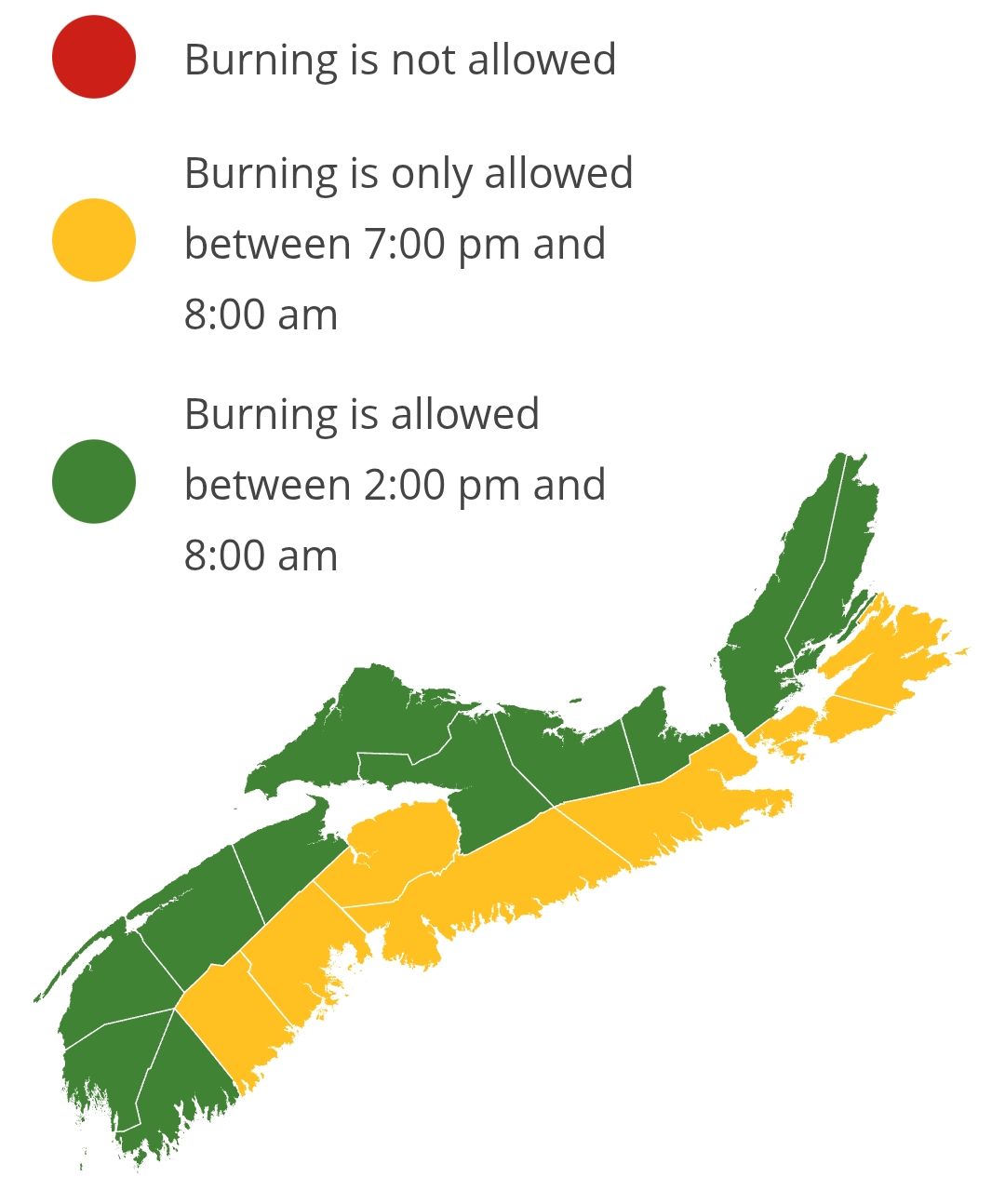 Burning restrictions are updated at 2:00 pm daily. Burning is not allowed between 8:00 am and 2:00 pm.