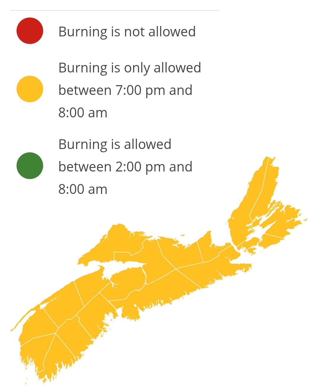 Burning restrictions are updated at 2:00 pm daily. Burning is not allowed between 8:00 am and 2:00 pm.
