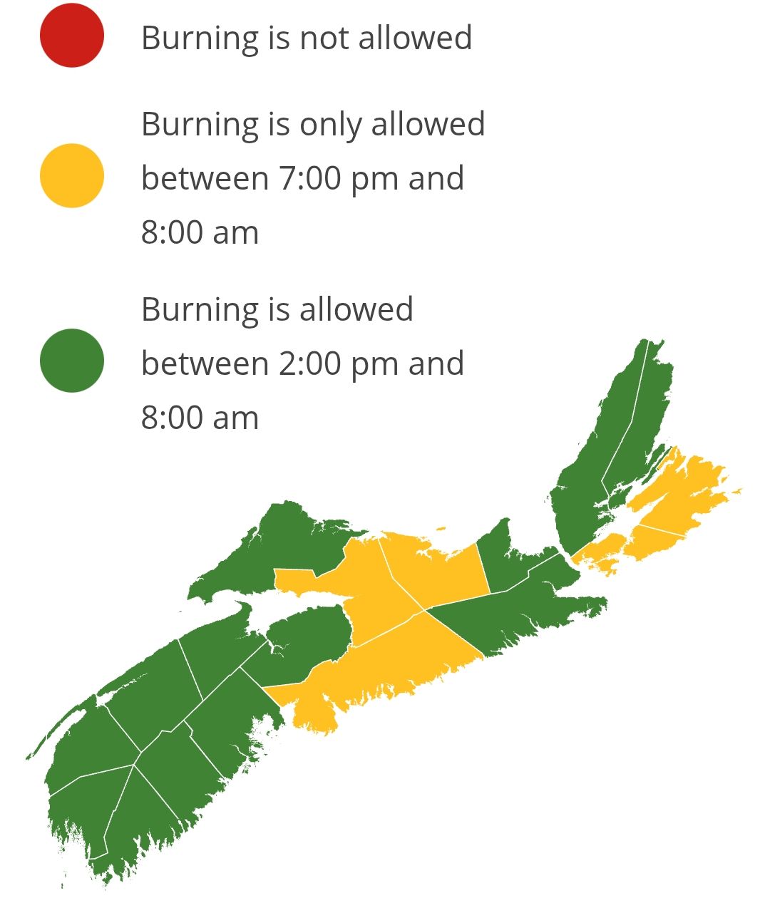 Burning restrictions are updated at 2:00 pm daily. Burning is not allowed between 8:00 am and 2:00 pm.