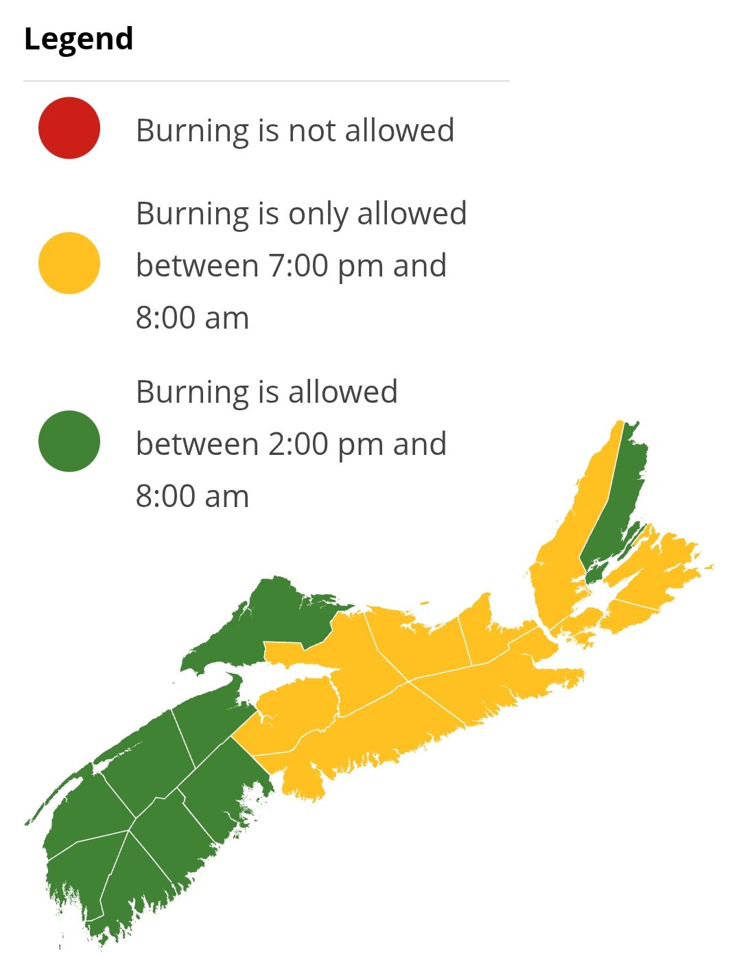 Burning restrictions are updated at 2:00 pm daily. Burning is not allowed between 8:00 am and 2:00 pm.