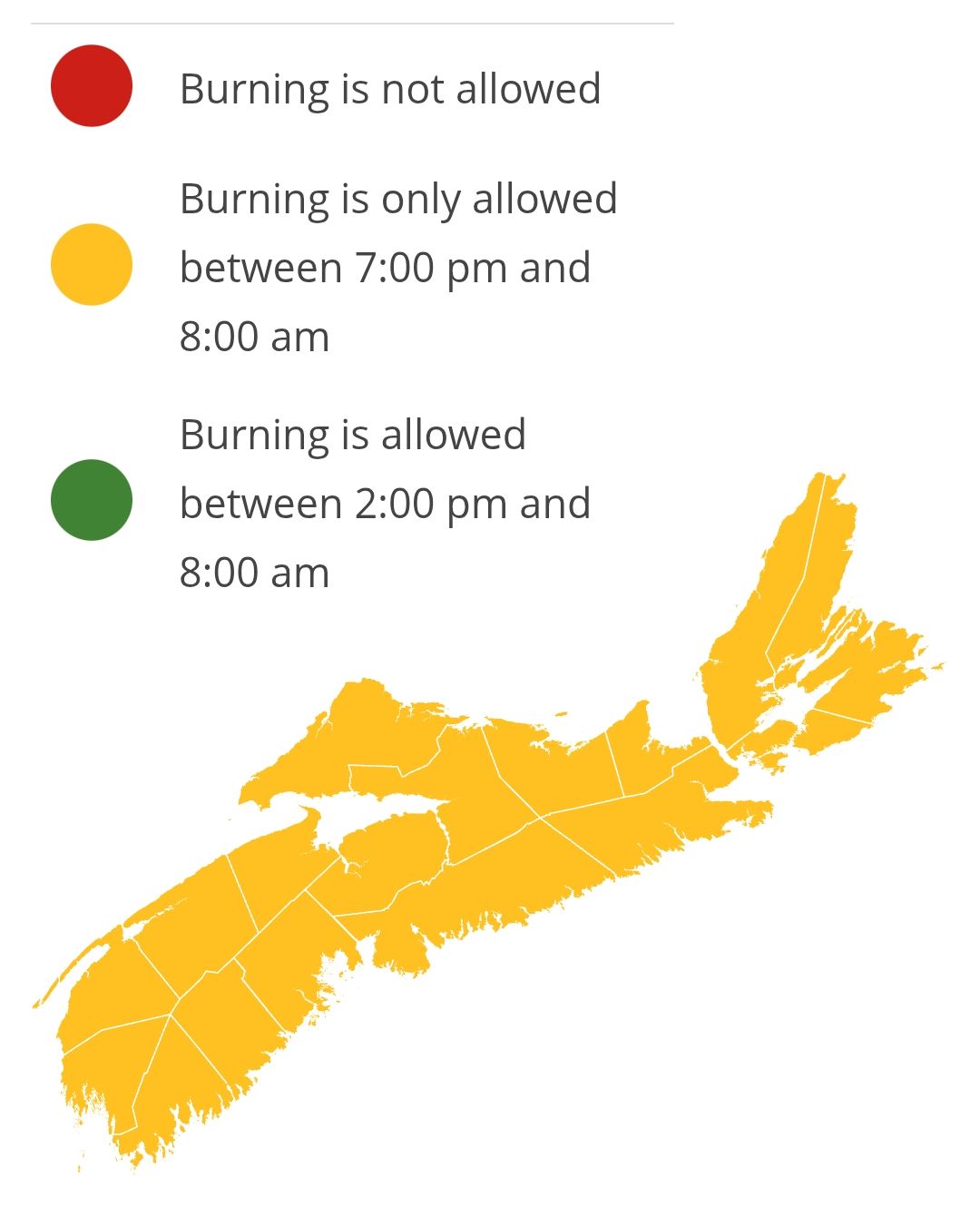 Burning restrictions are updated at 2:00 pm daily. Burning is not allowed between 8:00 am and 2:00 pm.