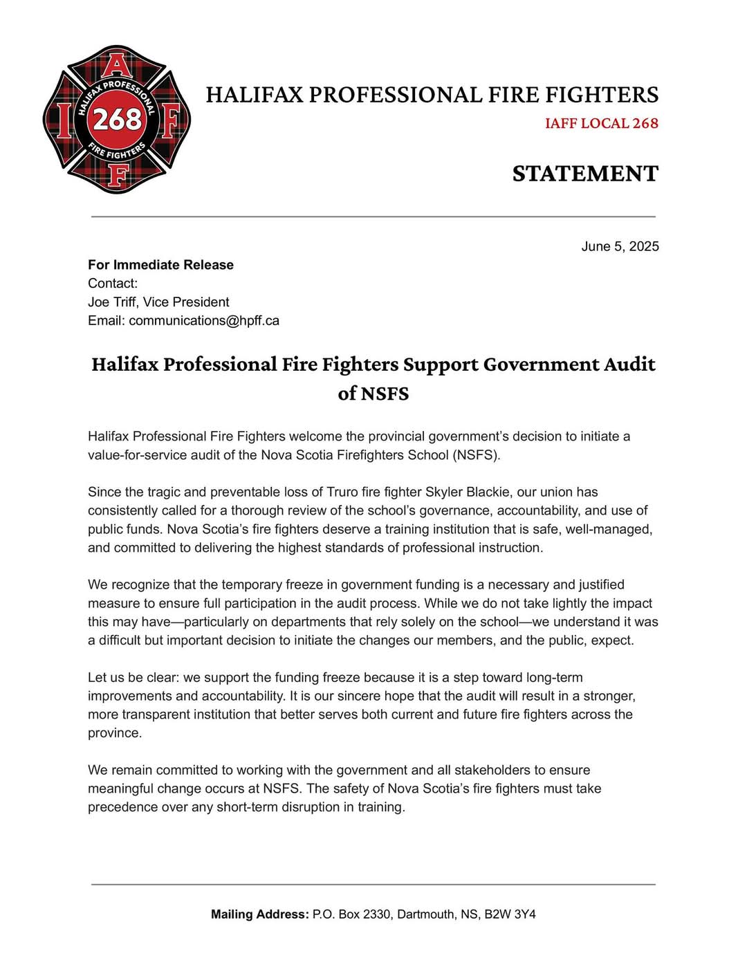 HPFF support the government’s decision to audit the Nova Scotia Firefighters School