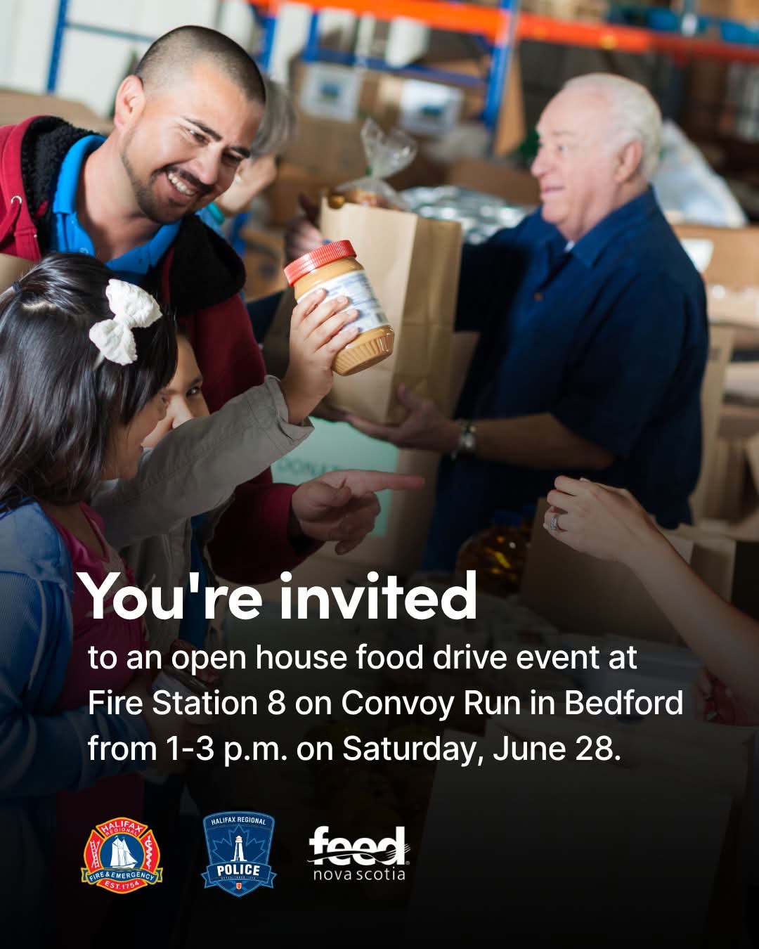 Join us with Halifax Regional Police on Saturday June 28th, from 1-3 p.m. at Station 8, 15 Convoy Run in Bedford, for an open house food drive event