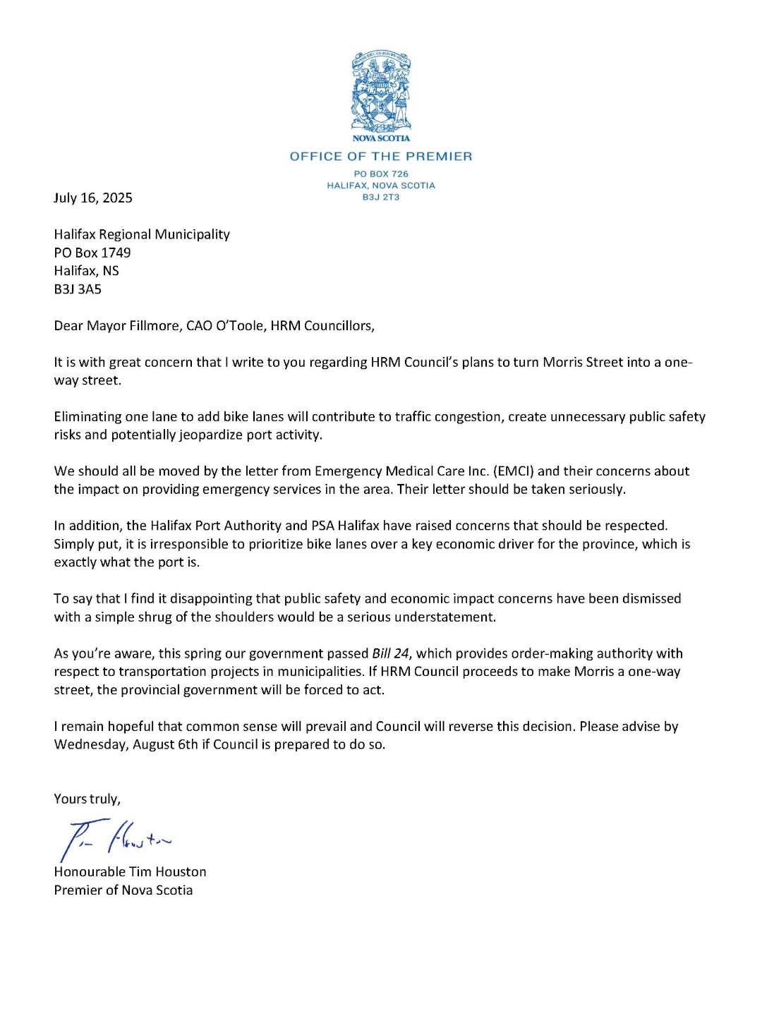 A statement from Premier Tim Houston regarding bike lanes on Morris St