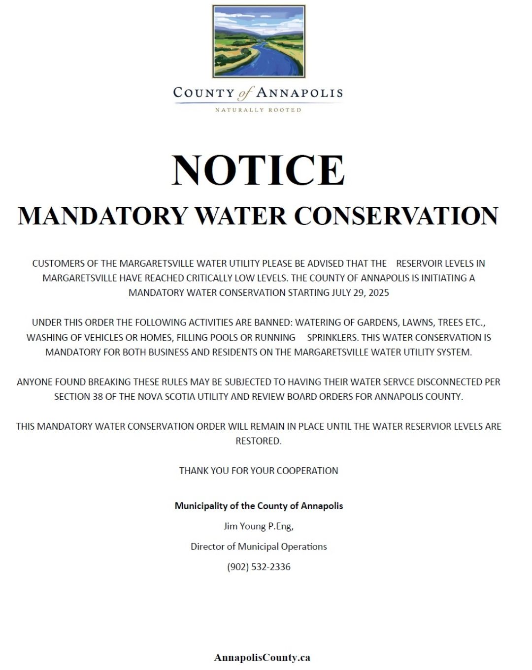 MANDATORY WATER CONSERVATION NOTICE (Annapolis County) 