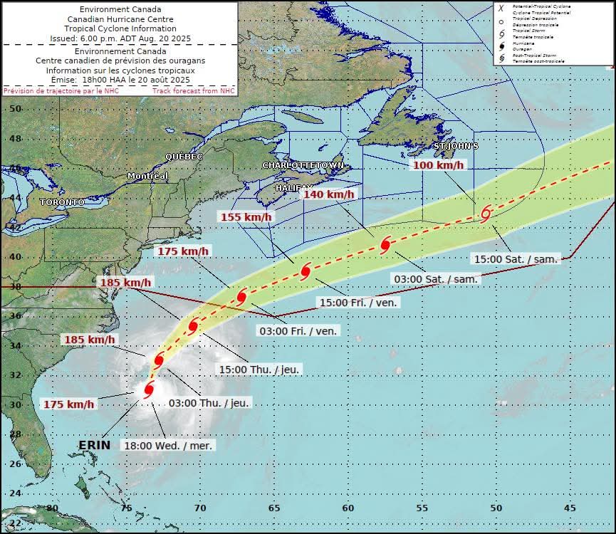 While hurricane Erin is not anticipated to make landfall in Canada, coastal areas are still likely to face effects such as rip currents and high surf as the storm approaches
