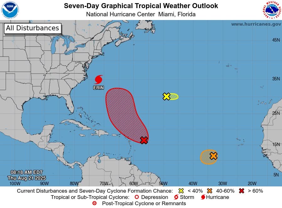 The National Hurricane Center is monitoring Hurricane Erin, located over the northwestern Atlantic Ocean