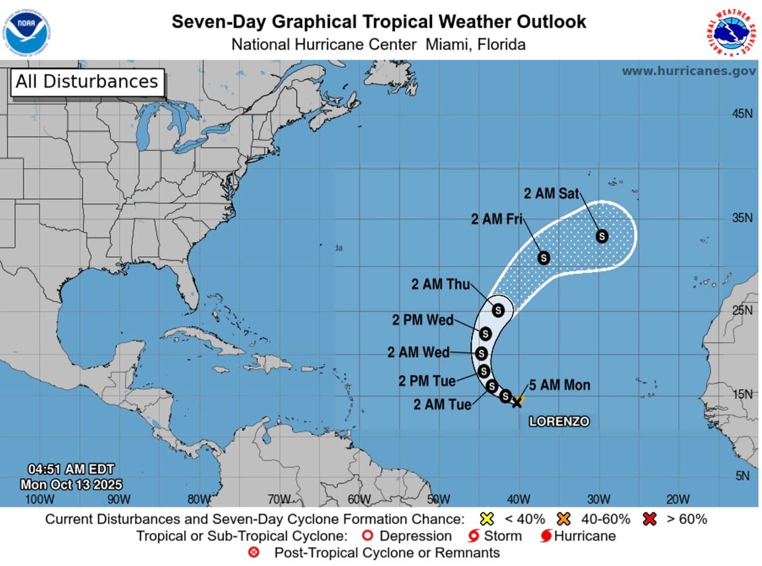 Tropical Storm Lorenzo becomes the 12th names storm of the 2025 Atlantic Hurricane Season