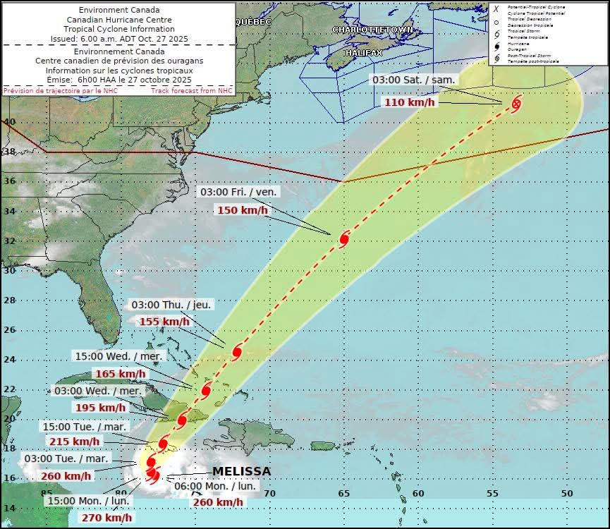 Major Hurricane Melissa is a Category 5 Major Hurricane and is forecast to track southeast of Nova Scotia late-Friday, October 31st