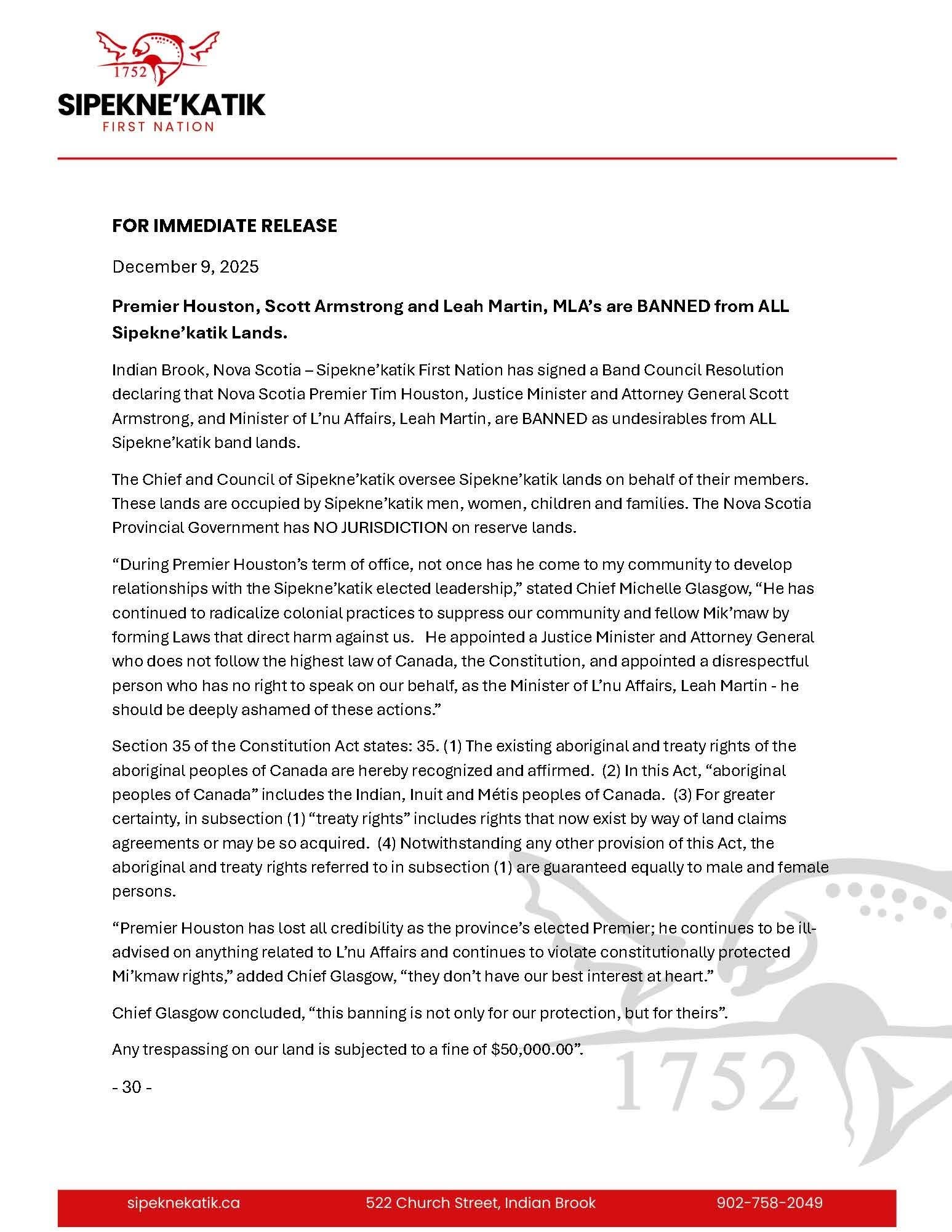 Premier Houston, Scott Armstrong and Leah Martin, MLA’s are BANNED from ALL Sipekne’katik Lands