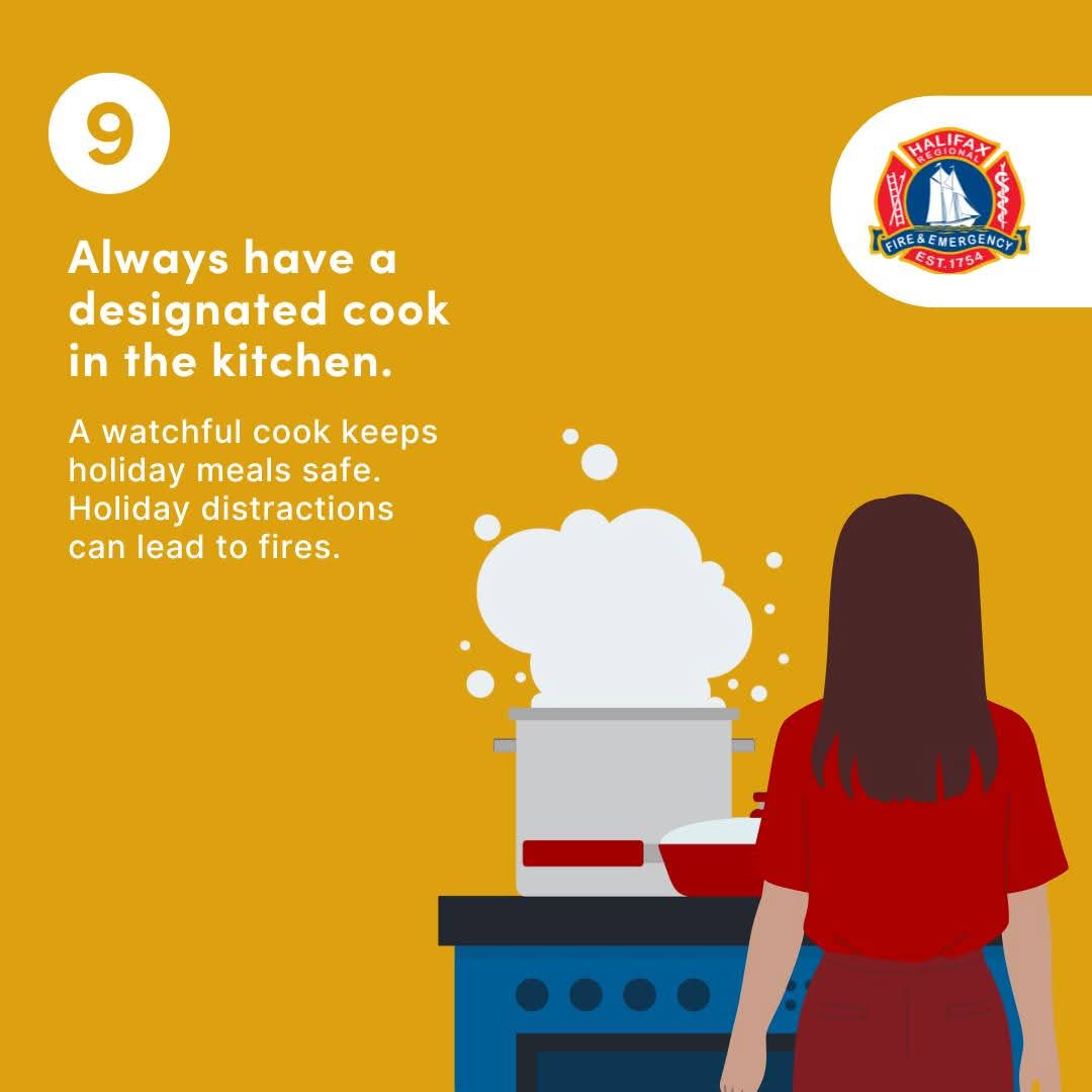 On the ninth day of holiday fire prevention, your fire department reminds you to have a designated cook in the kitchen — holiday distractions can lead to fires