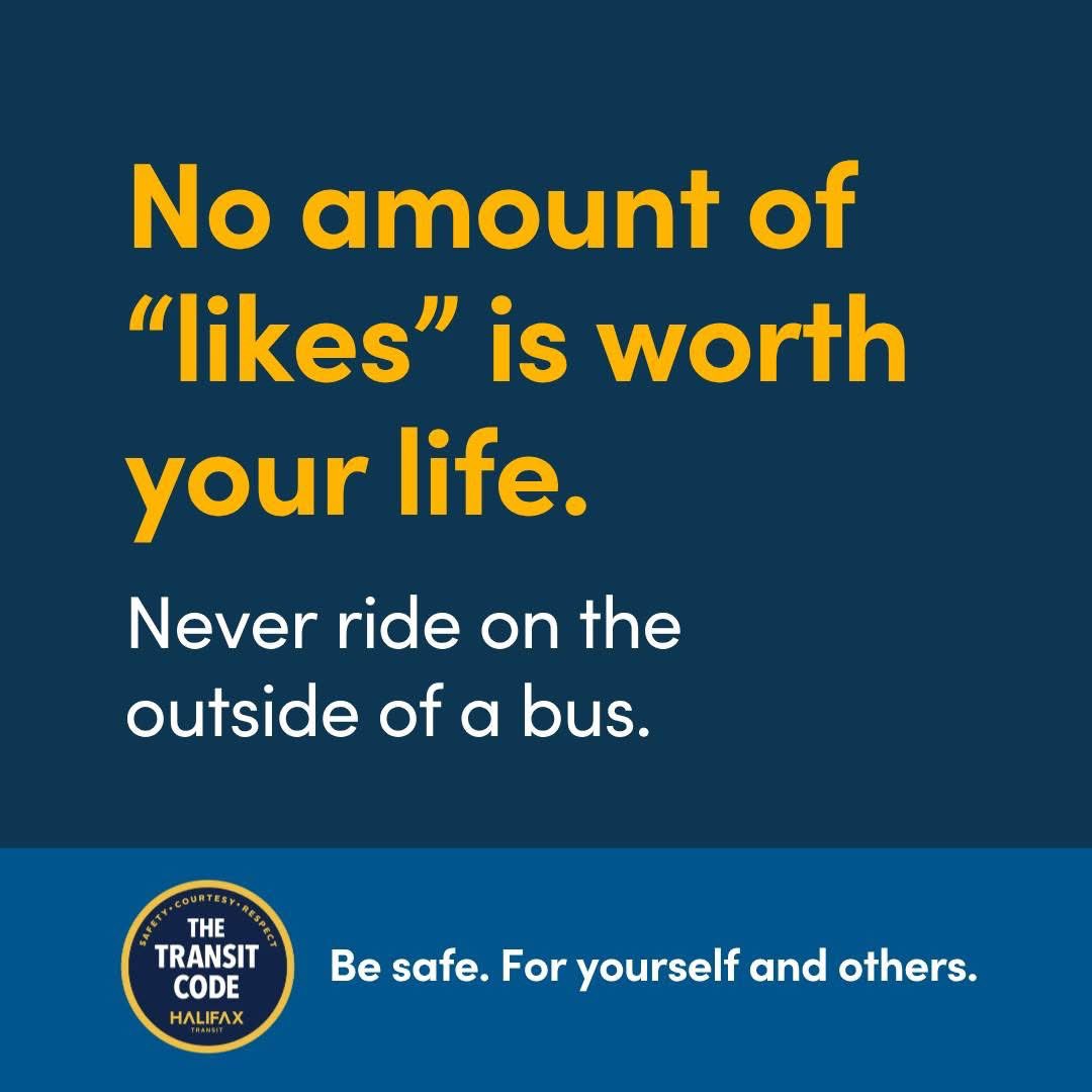 Never ride on the outside of a transit bus