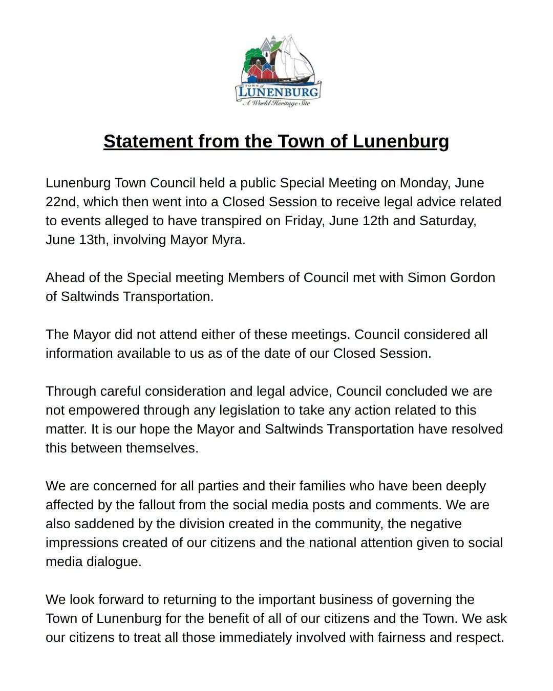 Statement from the Town of Lunenburg