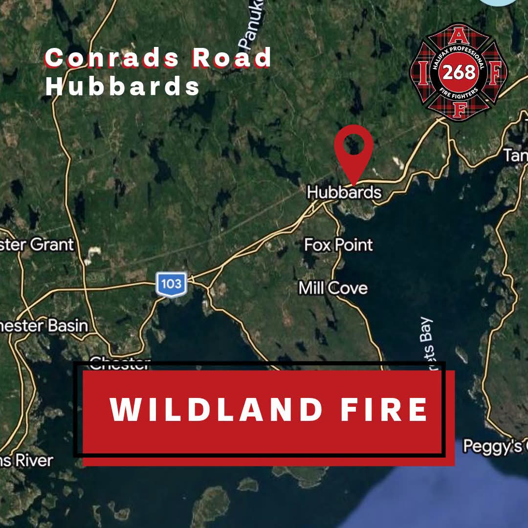 At 1:51 p.m. this afternoon, #hfxfirefighters were dispatched to a reported wildland fire on Conrads Road in Hubbards
